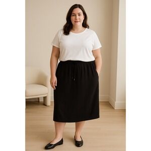 Eileen Fisher Skirt Women 1X Black Gauze Midi Elastic Waist Classic Minimalist